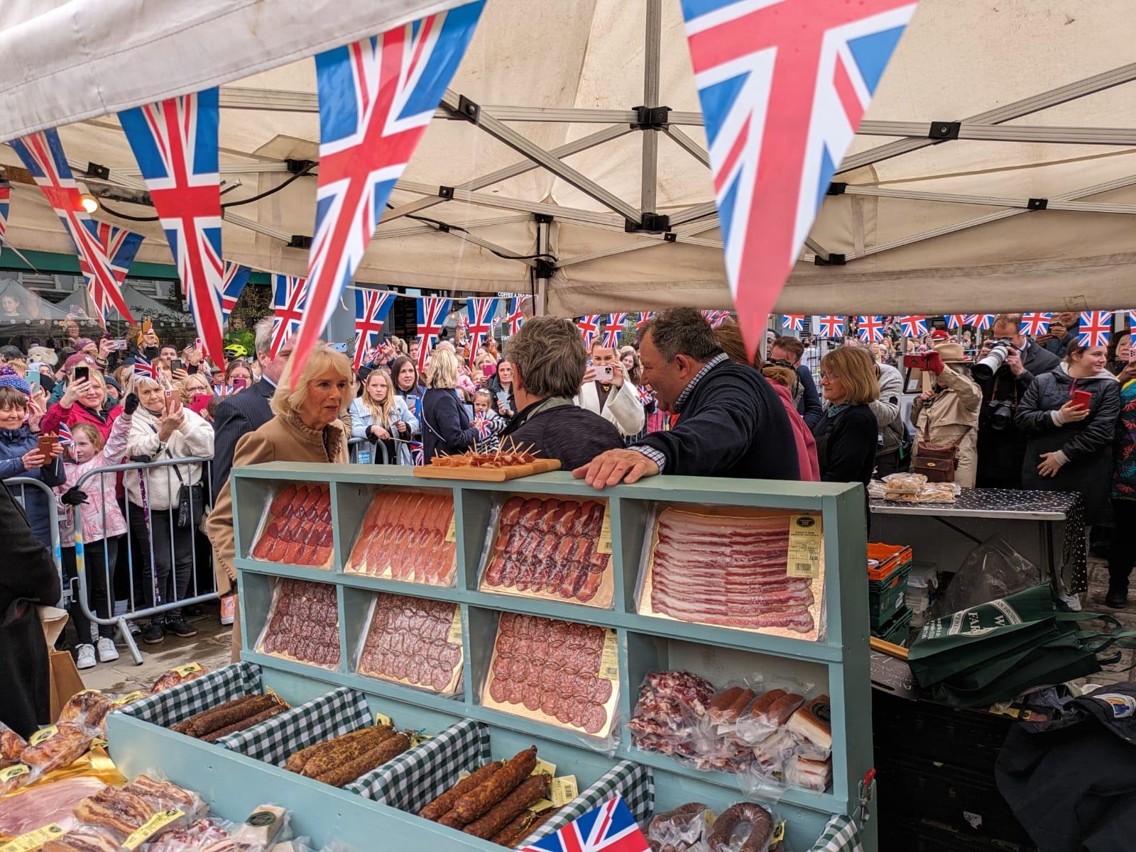 The Queen talking to Peter at the Wenlock Edge Farm stall at Shrewsbury Farmers Market