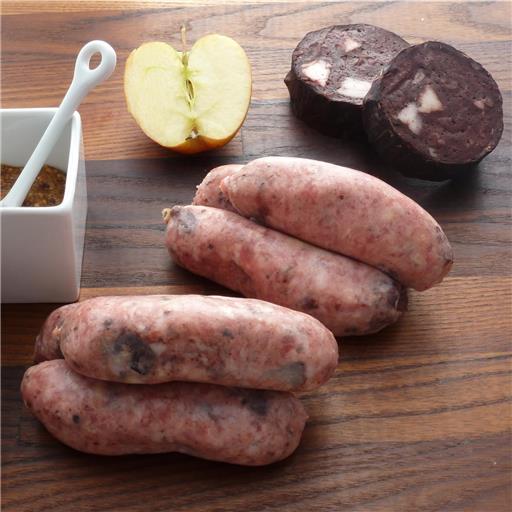 Pork, black pudding and apple sausages. 6/pack. min 400g