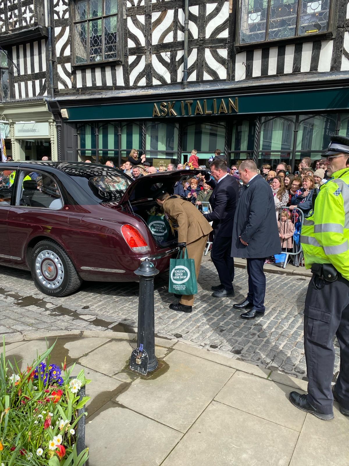 Loading The Queen's car with Wenlock Edge Farm goodies