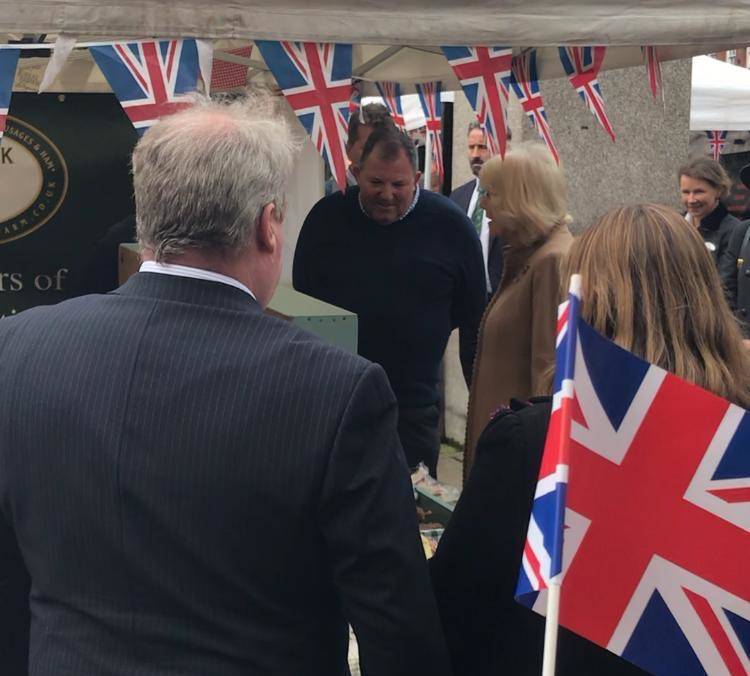 The Queen talking to Peter at the Wenlock Edge Farm stall at Shrewsbury Farmers Market