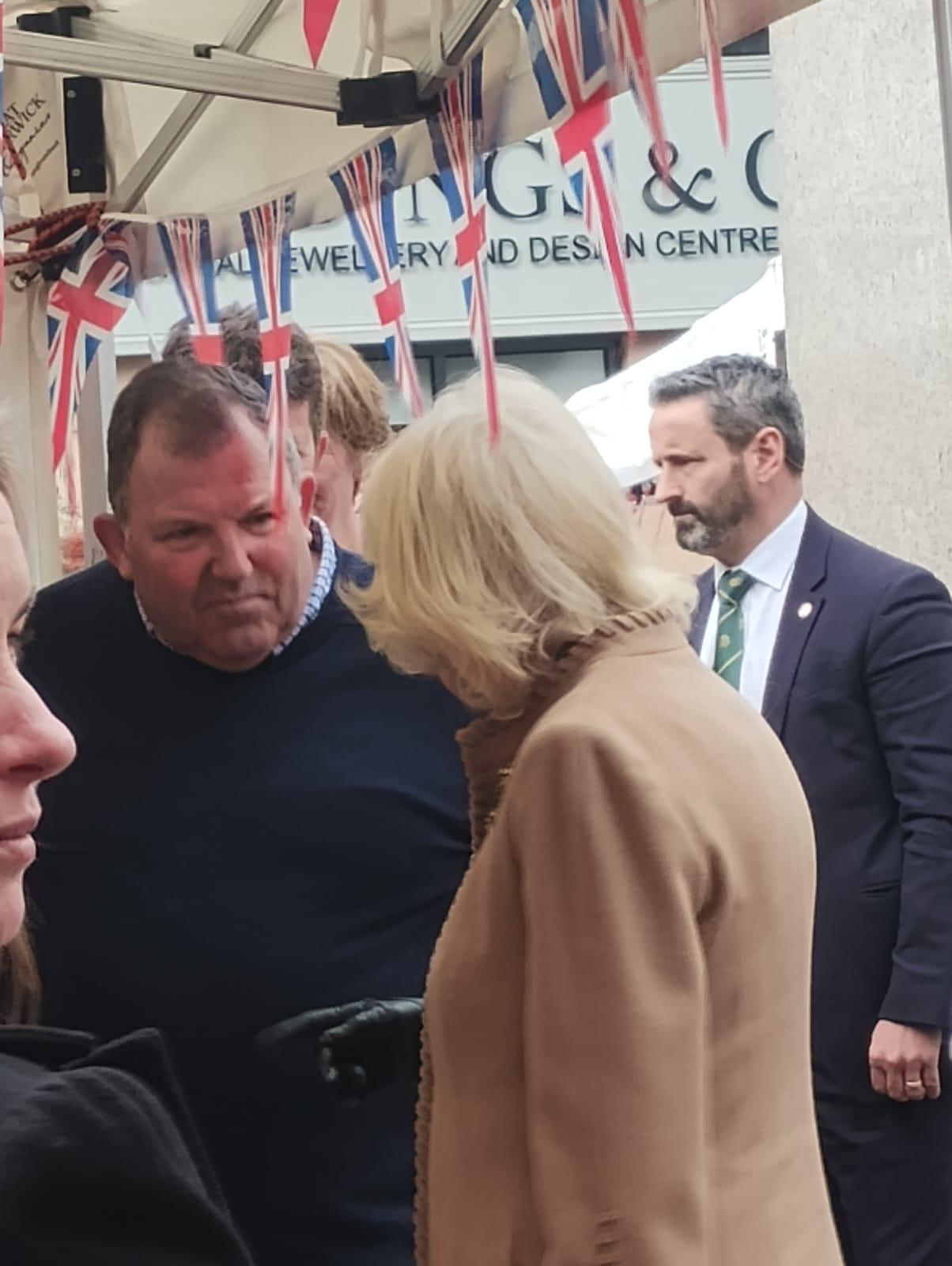 The Queen talking to Peter at the Wenlock Edge Farm stall at Shrewsbury Farmers Market